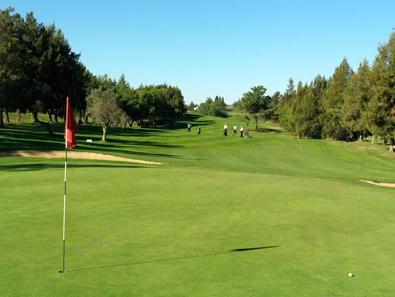 Sunlit fairway at Alto Golf, with a red flag on the green and golfers further down the fairway
