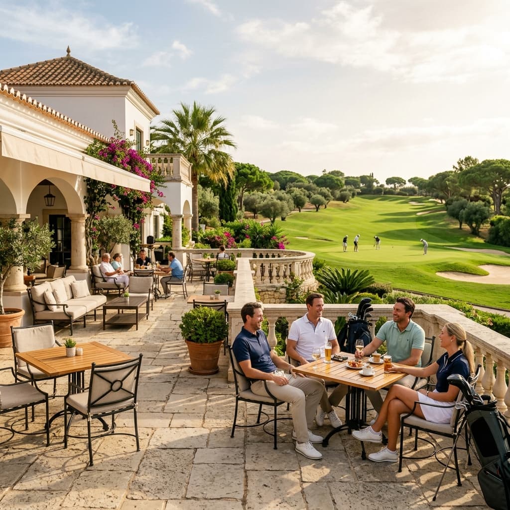 Four golfers at a clubhouse terrace table overlooking the course