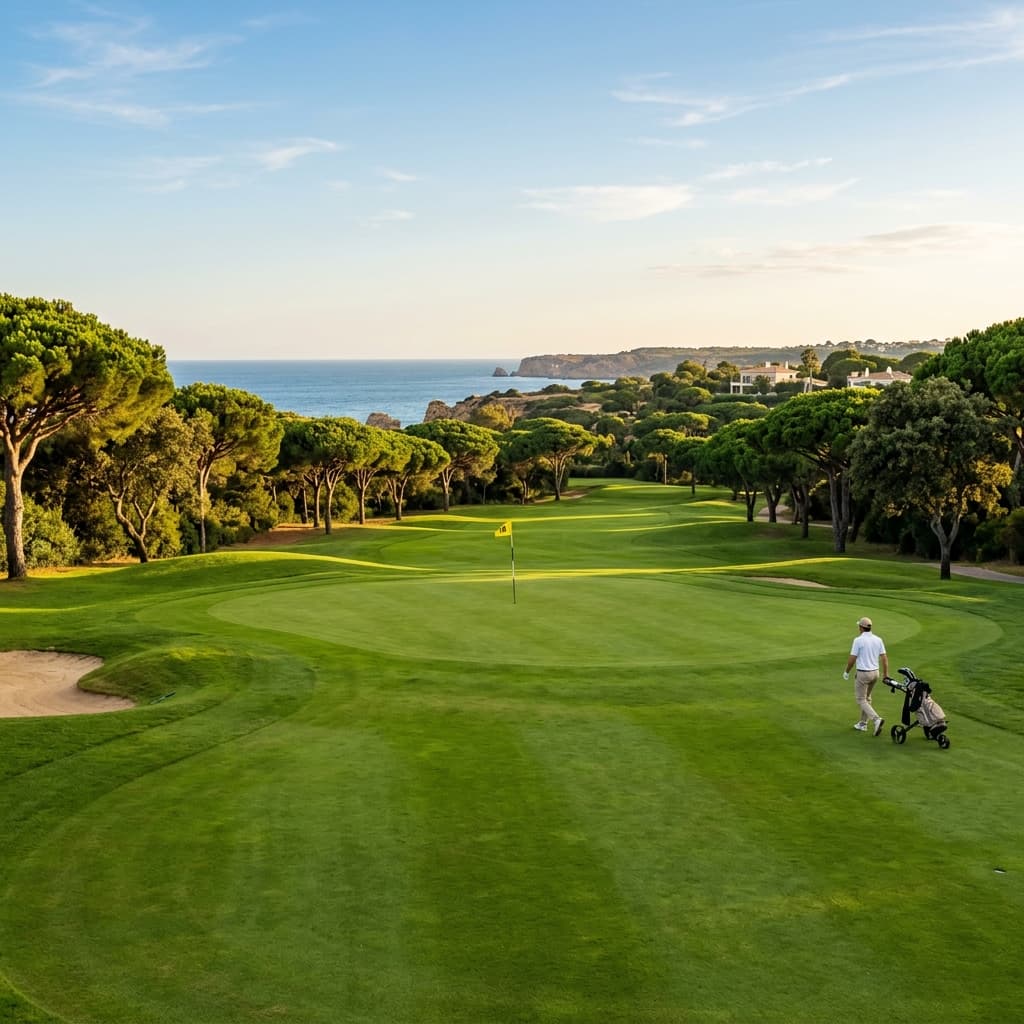 A golfer walking a fairway towards the green with umbrella pines and the Atlantic beyond